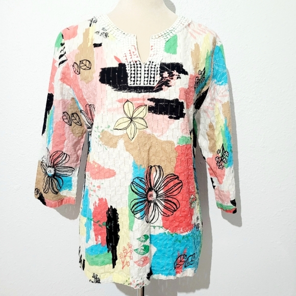 Alfred Dunner Women's Tunic Blouse Size 12 100% Cotton Vibrant Abstract Floral - Picture 1 of 11